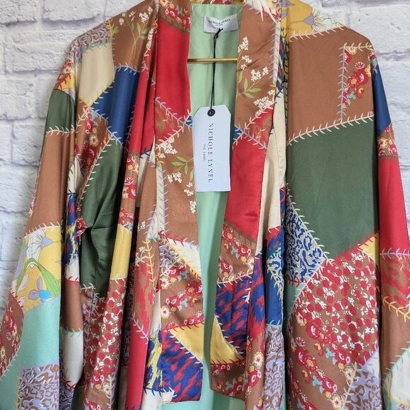 Nichole Lynel Silky Patchwork Print Kimono Cardigan Jacket NEW Multicolored Boho - Picture 3 of 6